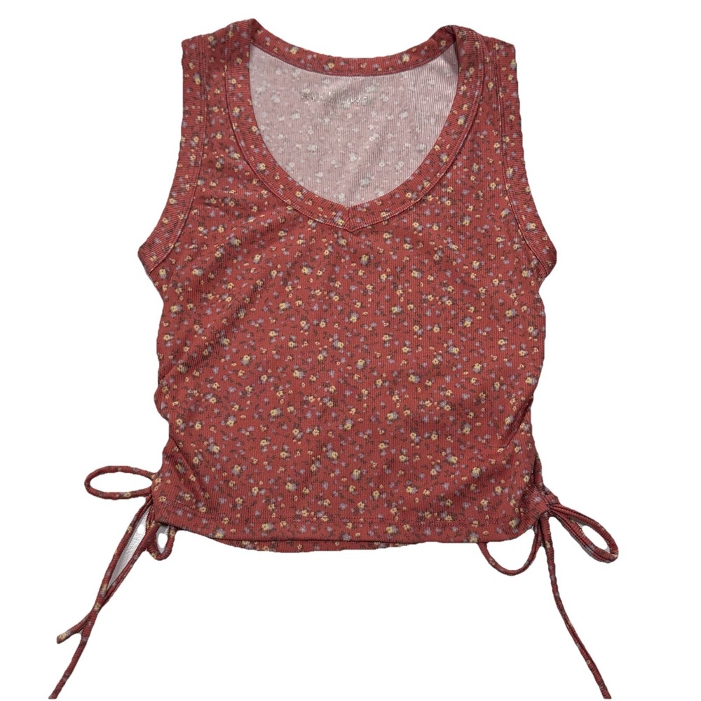 Wallflower Women Coral Ribbed Floral Crop Top Adjustable Side Tie Sleeveless S